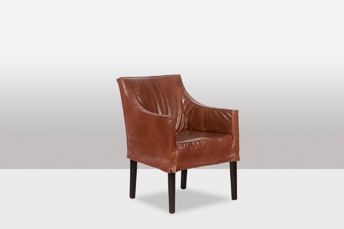 Lintello. Paire De Fauteuil En Cuir Camel. Années 1970.-photo-2