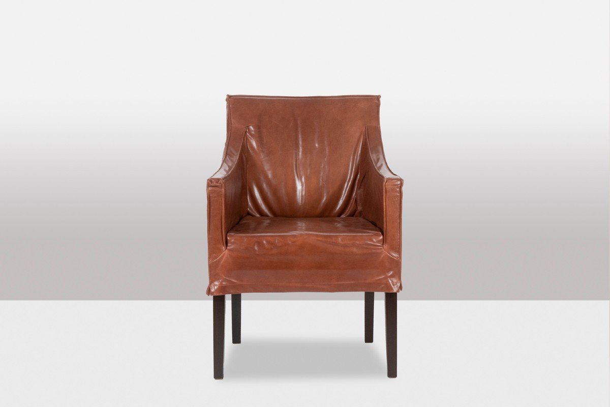 Lintello. Paire De Fauteuil En Cuir Camel. Années 1970.-photo-3