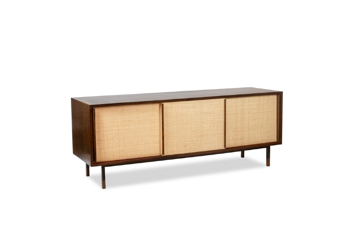 Sideboard In Wenge, Rafia And Lacquered Metal. 1970s.