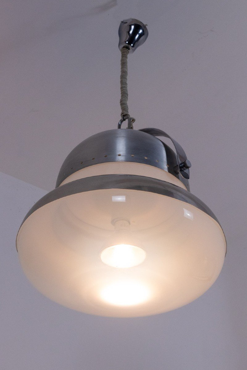 Industrial Style Pendant Light In Brushed And Opaline Metal. 1970s.-photo-2