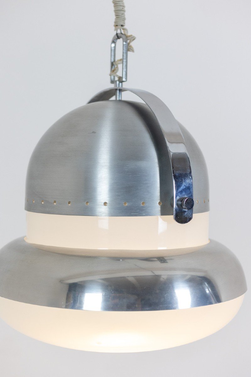 Industrial Style Pendant Light In Brushed And Opaline Metal. 1970s.-photo-1