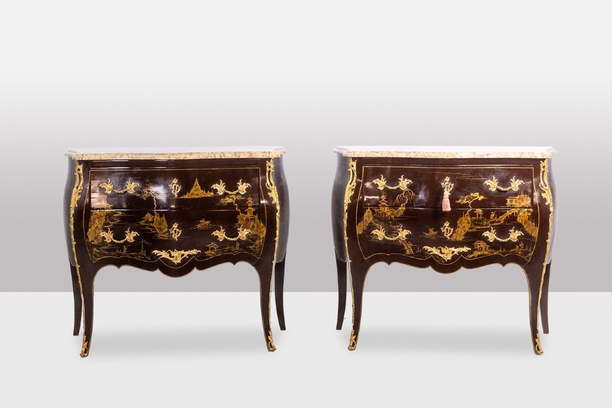 Pair Of Louis XV Style Commodes In Lacquer And Bronze. 1950s. Ls45583308c-photo-3