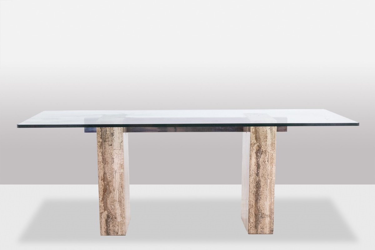 Console, Ou Bureau, En Verre Et Travertin. Années 1980. Ls5849657c