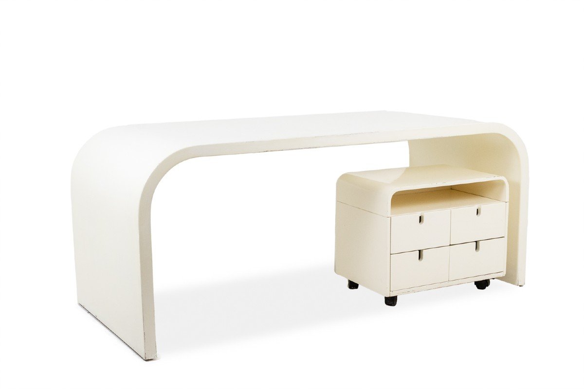 Desk And Its Cardboard Box In White Lacquered Plywood. 1970s. Ls56601111a