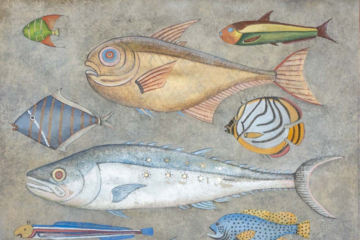 Toile Peinte Représentant Une Planche De Poissons. Travail Contemporain. Ls6027911a-photo-4