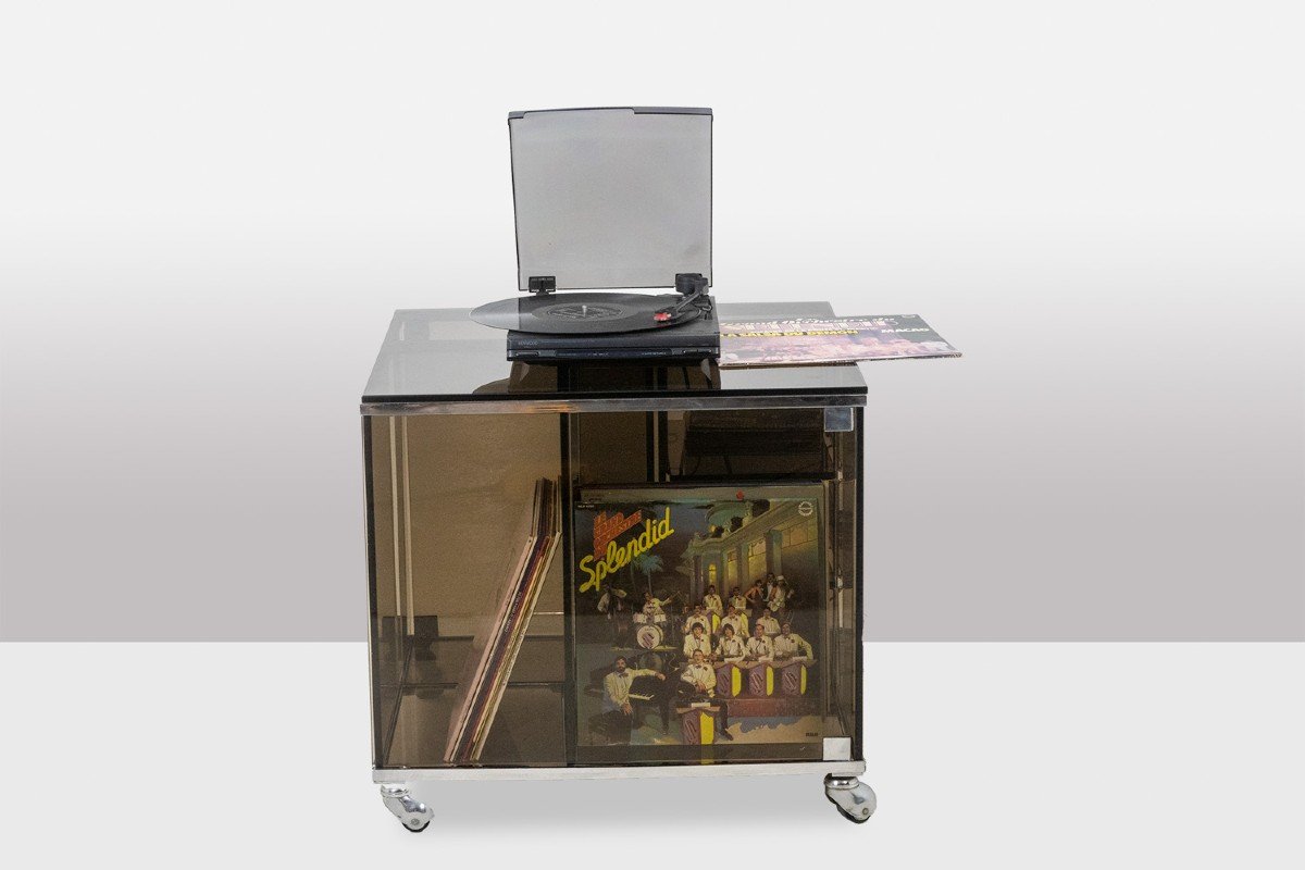 Maison Jansen. Furniture For Vinyls In Smoked Glass. 1970s. Ls6191308p-photo-2