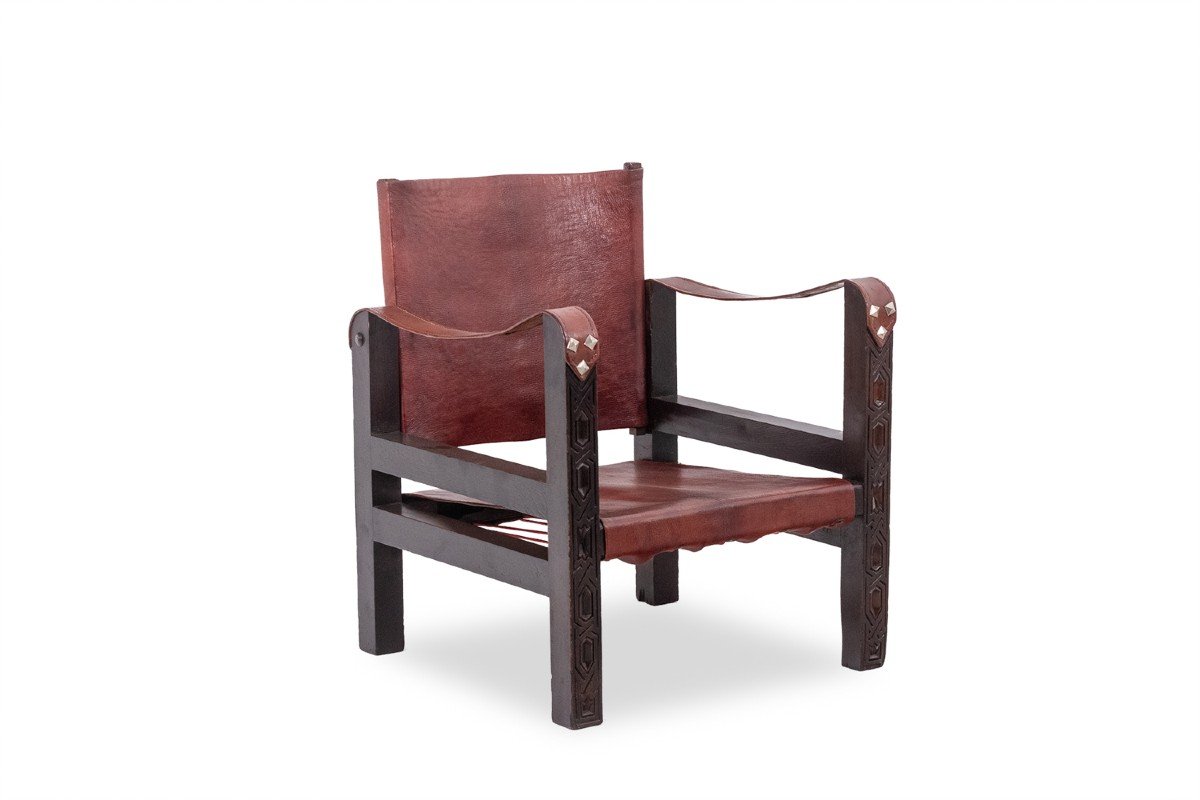 “safari” Armchair In Wood And Cognac Leather. 1960s/70s. Ls6311309m