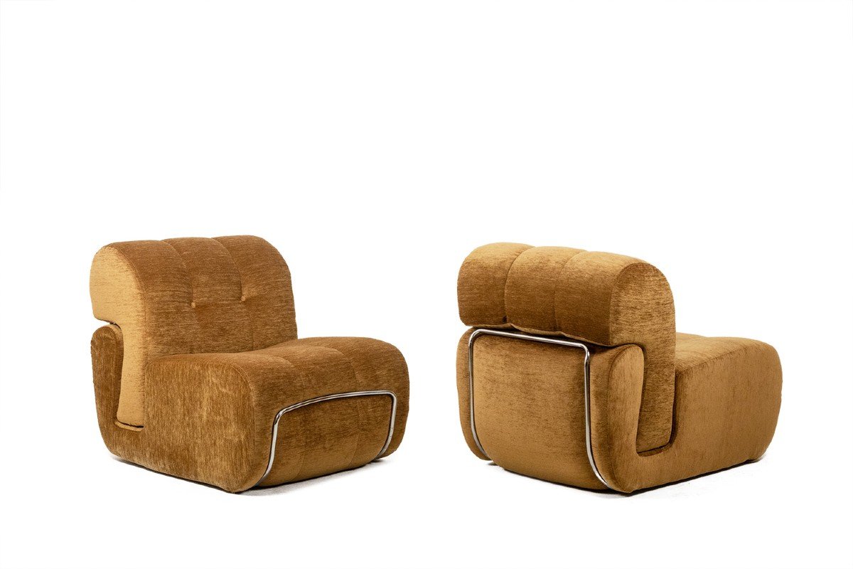 Pair Of Chromed Metal And Fabric Lounge Chairs. 1970s. Ls63491700/23400/4b