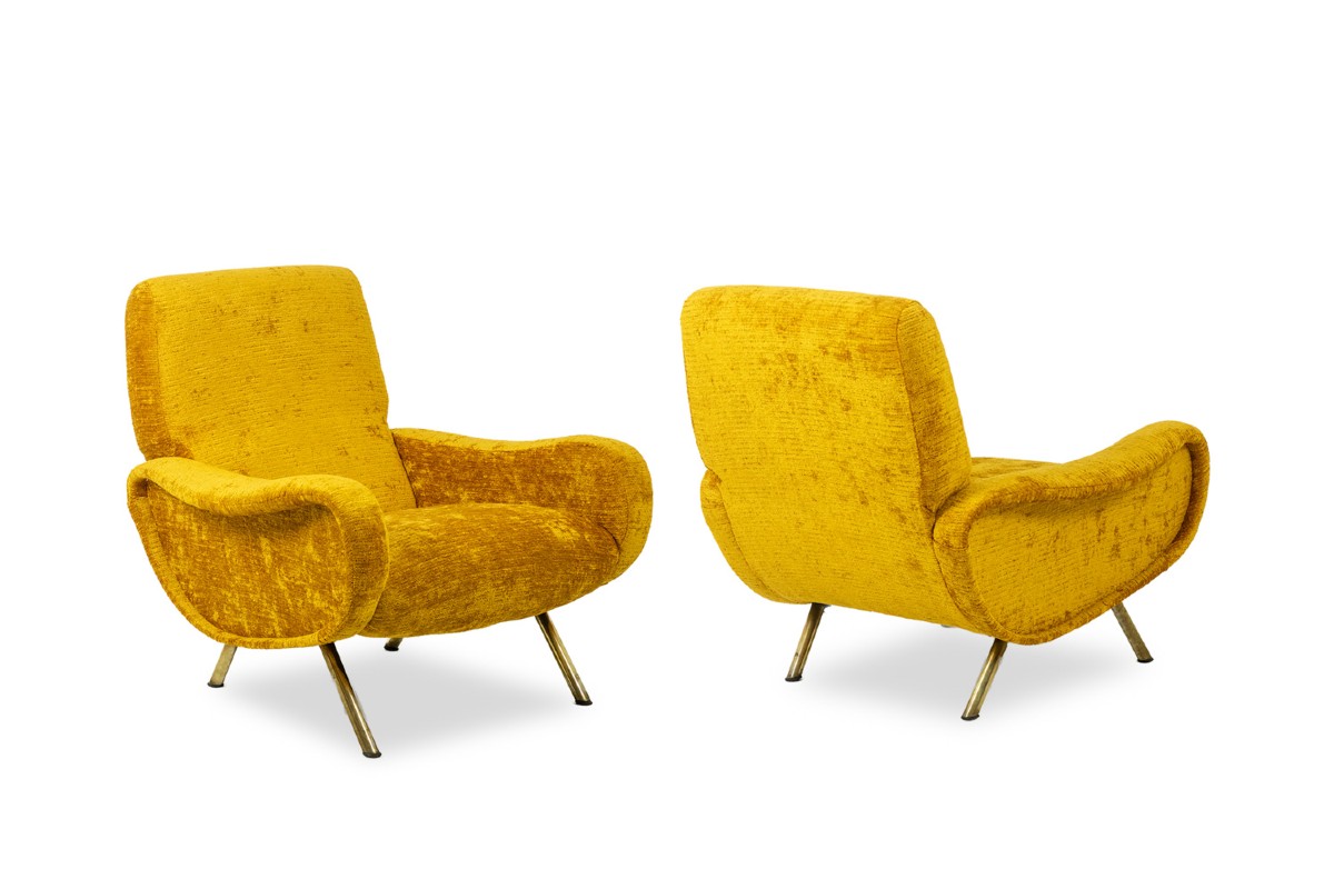 Marco Zanuso Pour Artflex. Fauteuils Jaune Et En Laiton Doré. Années 1950.ls64333009i