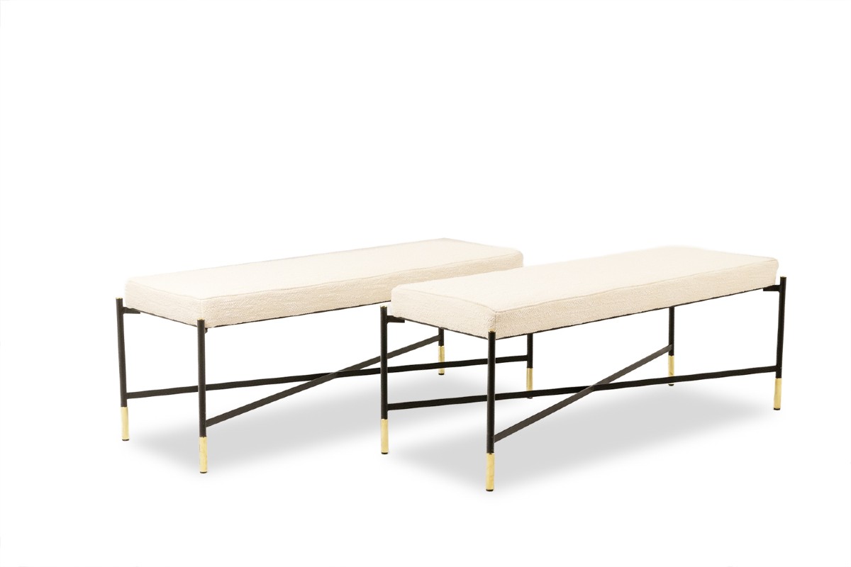 Pair Of White Benches, In Lacquered And Gold Metal. 2000s. Ls6364756m