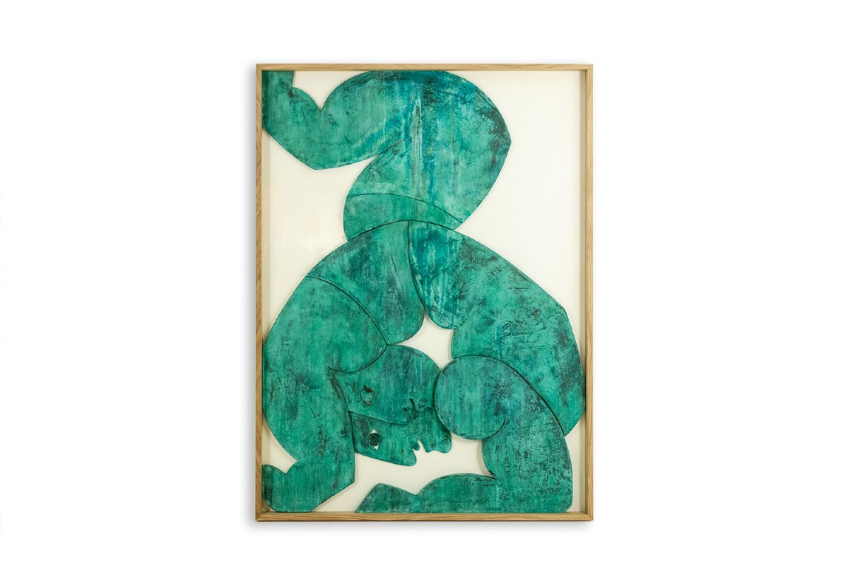 « Les Jumeaux », bas-relief encadré de chêne en bois et cuivre patiné. LS64863009P