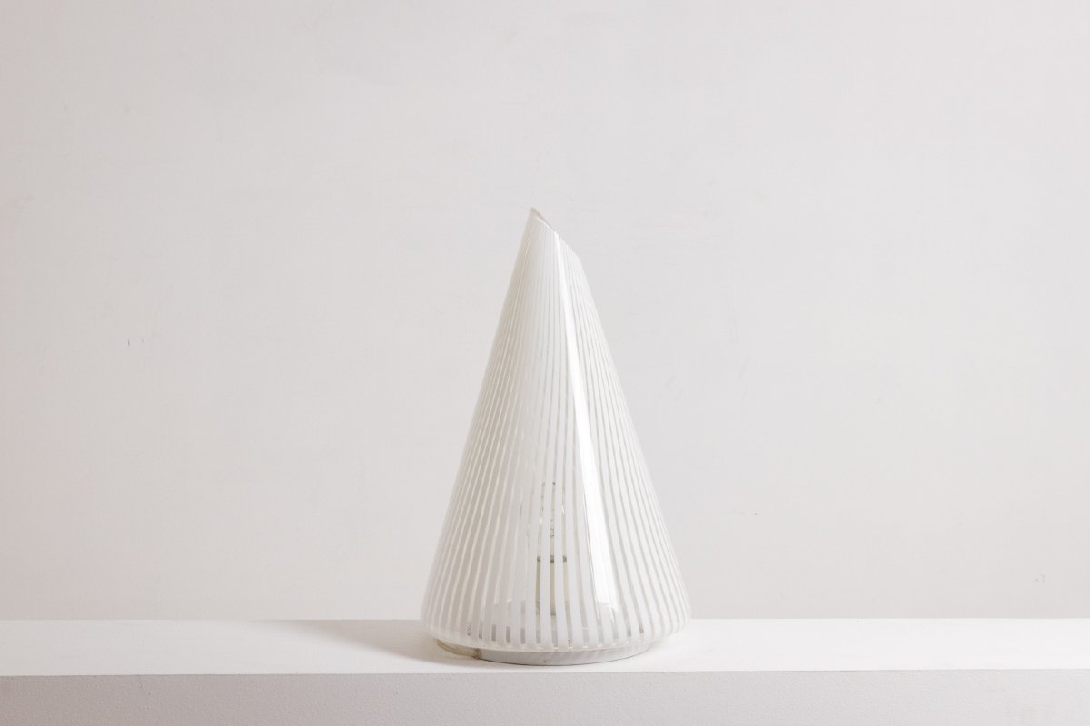 Lampe conique en verre de Murano à motifs rayés blancs.  Années 70. LS6573256K-photo-3