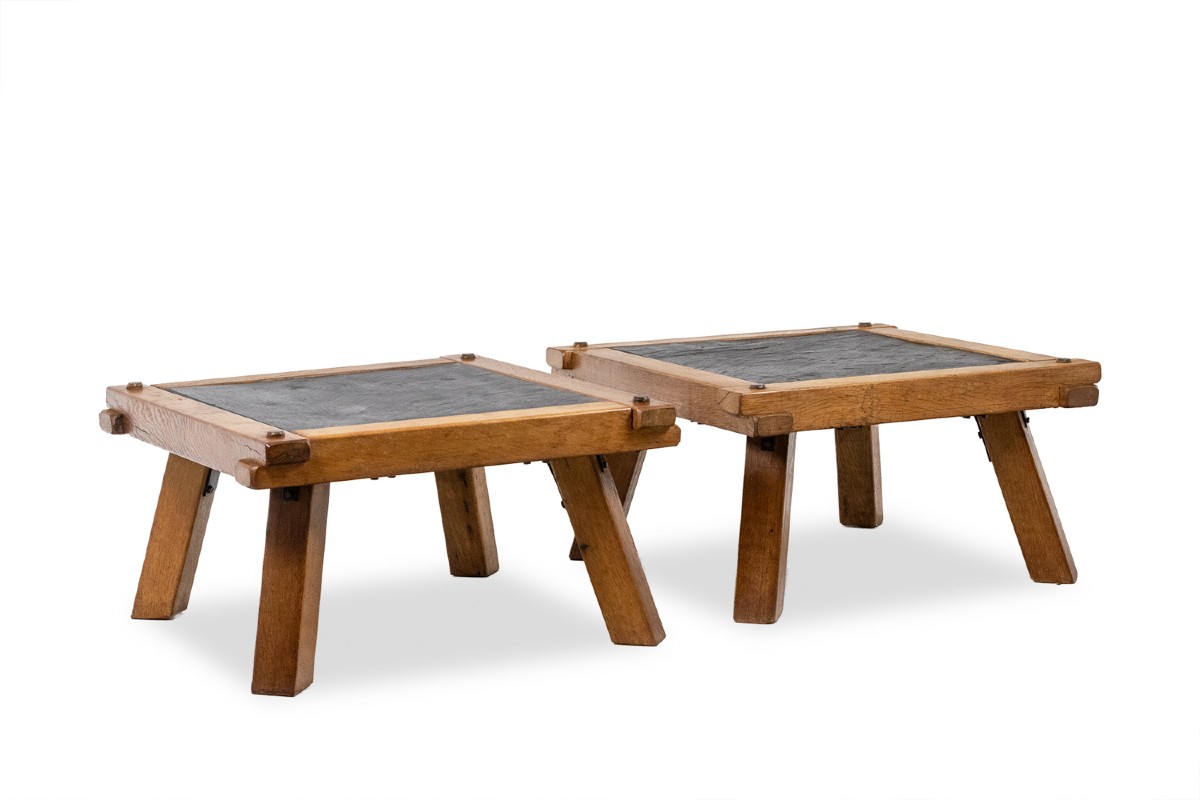 Pair Of Brutalist Coffee Tables In Oak And Slate. Circa 1960. Ls66021256/2p