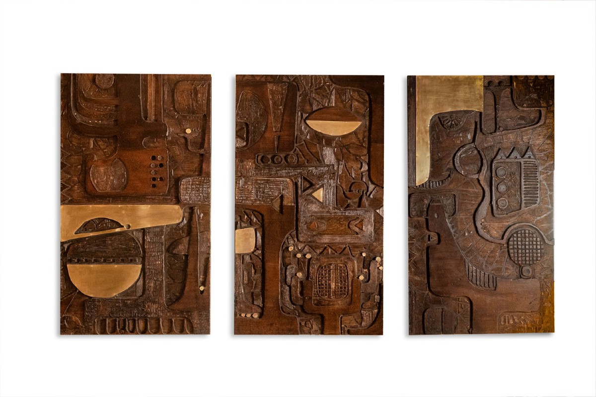 V. De Segonzac. Modernist Triptych In Carved Wood. Contemporary. Ls66703002