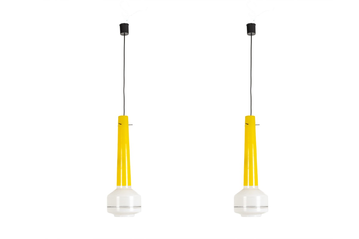 Pair Of Two-tone Yellow And White Glass Pendant Lights. 1960s Ls6481409p