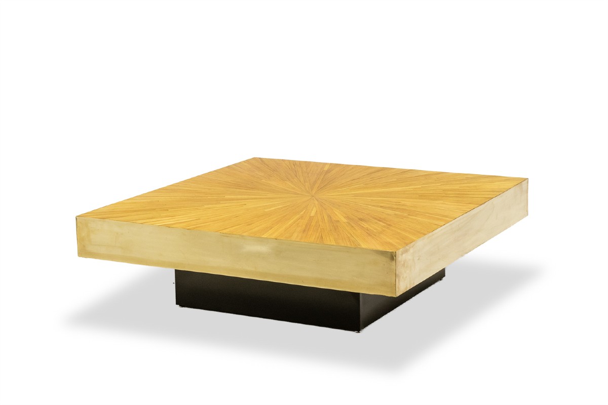 Table basse en marqueterie de paille et laiton. Contemporain LS43681993