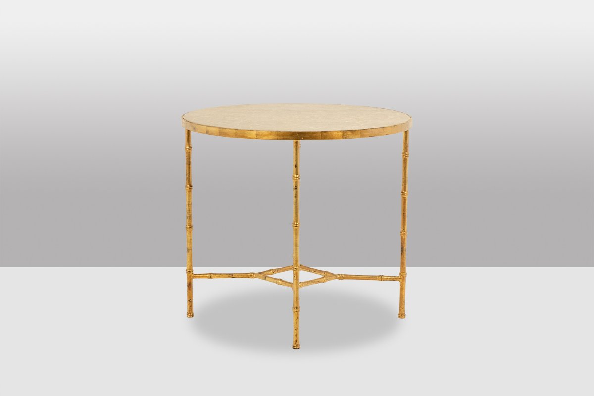 Pedestal Table With Bamboo-style Gold Metal Base And Gray Marble Top Ls6681-photo-2
