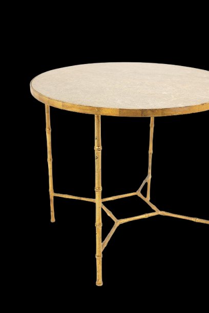 Pedestal Table With Bamboo-style Gold Metal Base And Gray Marble Top Ls6681-photo-3