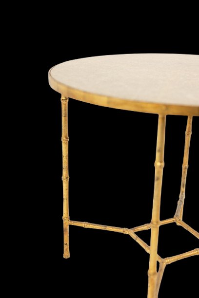 Pedestal Table With Bamboo-style Gold Metal Base And Gray Marble Top Ls6681-photo-4