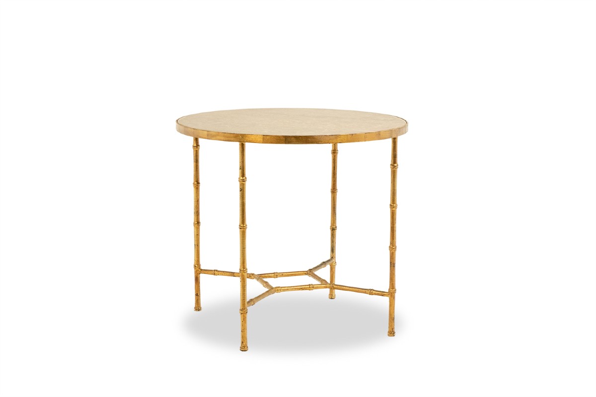 Pedestal Table With Bamboo-style Gold Metal Base And Gray Marble Top Ls6681