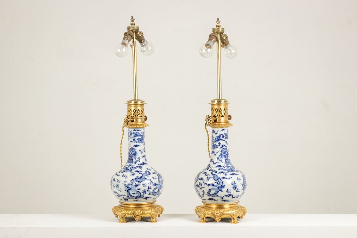 Paire de lampes en porcelaine décor dragon, bronze doré. Circa 1880 LS6682-photo-3