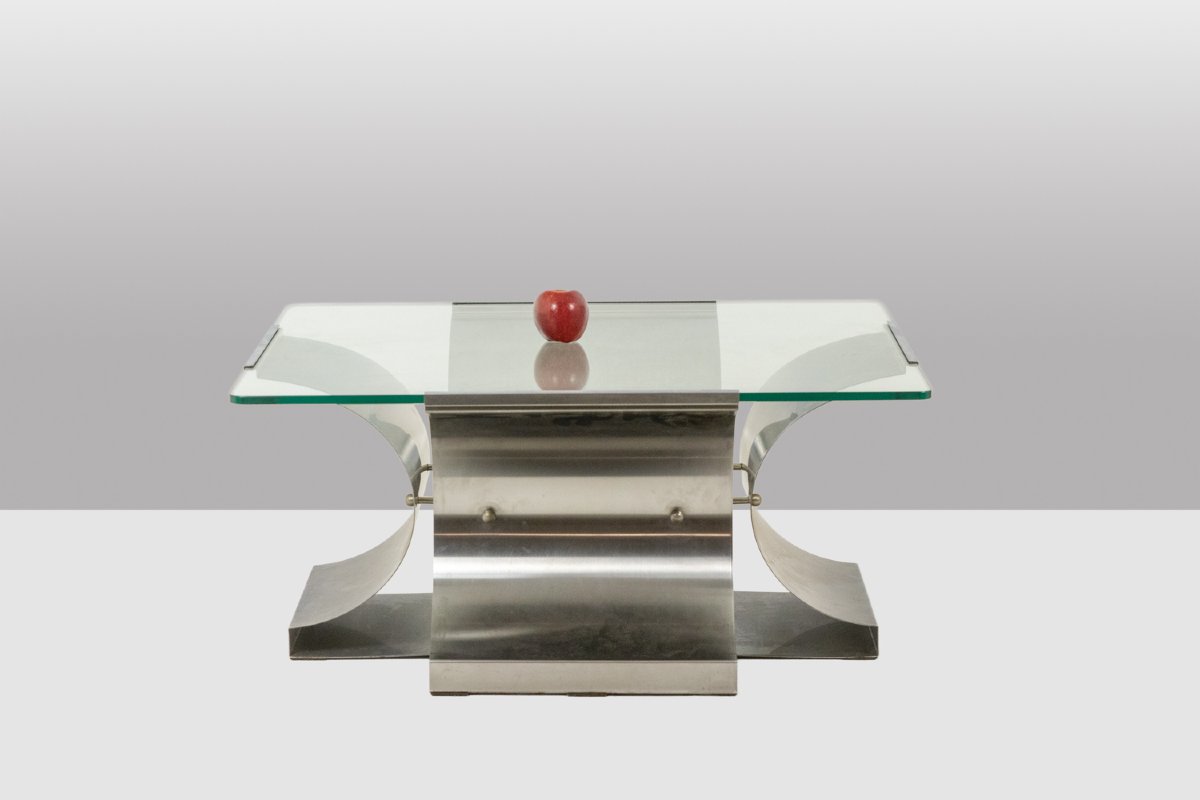 François Monnet, For Kappa. Brushed Steel And Glass Coffee Table. 1970 Ls6683454-photo-2