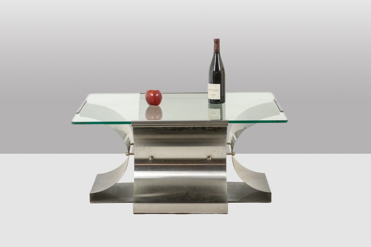 François Monnet, For Kappa. Brushed Steel And Glass Coffee Table. 1970 Ls6683454-photo-3