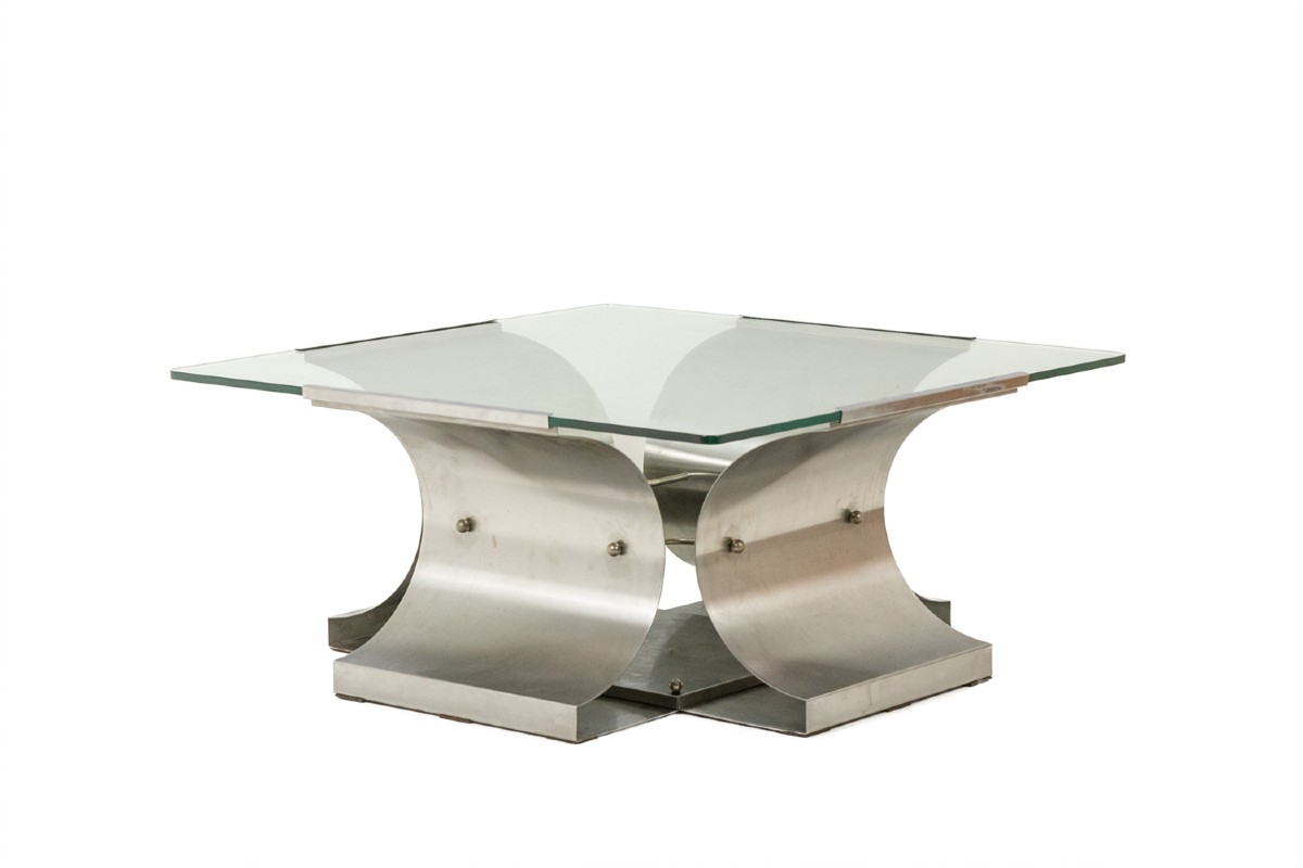 François Monnet, For Kappa. Brushed Steel And Glass Coffee Table. 1970 Ls6683454