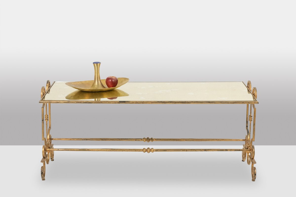 Table basse en fer forgé doré et plateau de verre églomisé. Années 1970 LS5305663-photo-2