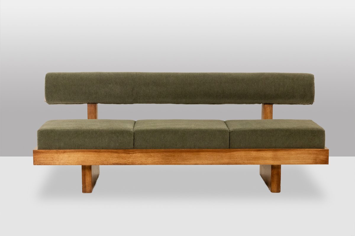 Banquette 3 places en frêne clair et velours de mohair vert. Contemporain LS6656-photo-2