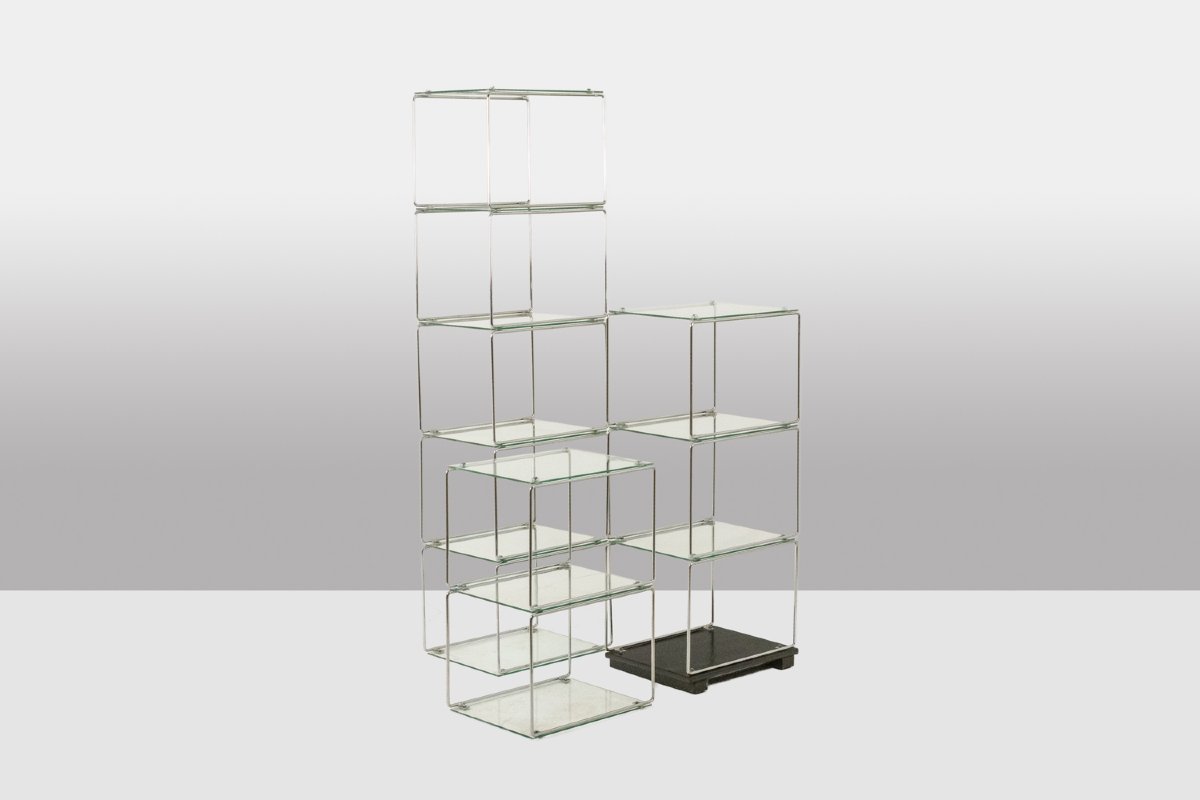 Set Of 3 Shelves In Chrome-plated Metal And Glass. 1970s Ls-photo-2
