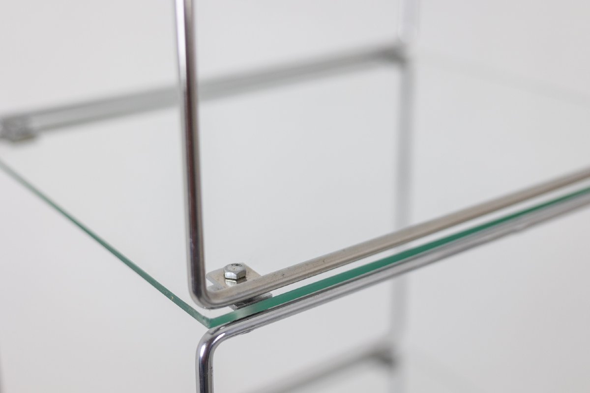 Set Of 3 Shelves In Chrome-plated Metal And Glass. 1970s Ls-photo-3