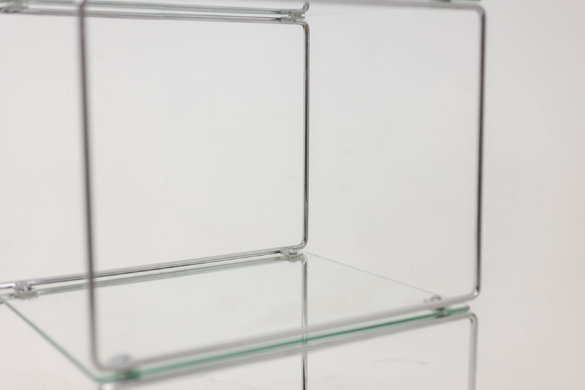 Set Of 3 Shelves In Chrome-plated Metal And Glass. 1970s Ls-photo-1