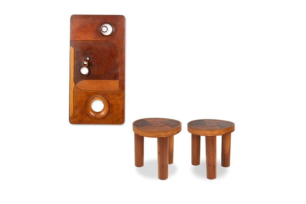 Stools, And Wall Lamp In Cherry Wood And Leather. 1970s Ls65194093