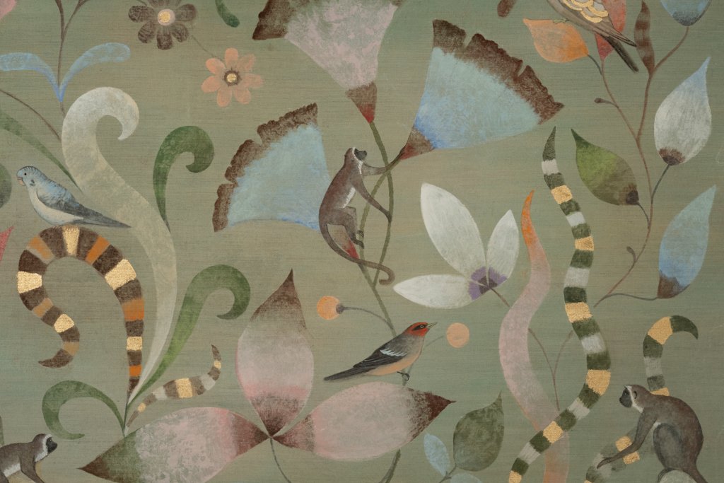 Painted Canvas Decorated With Lemurs, Birds, And Flowers. Contemporary. Ls67541087-photo-1