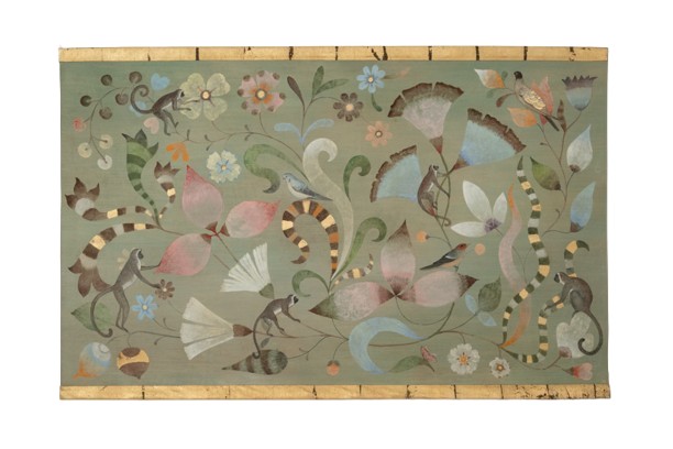 Painted Canvas Decorated With Lemurs, Birds, And Flowers. Contemporary. Ls67541087
