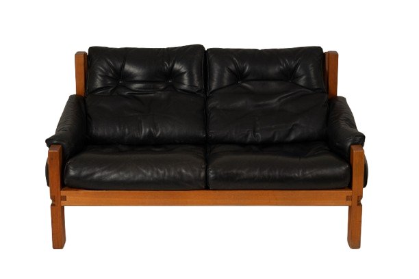 Pierre Chapo.  S22 Two-seater Sofa, In Elm And Black Leather. 1970 Ls6739-photo-2