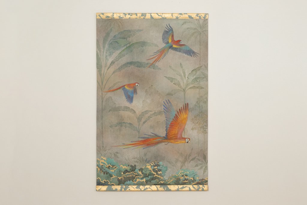 Painted Canvas Depicting Parrots In A Tropical Forest. Contemporary.-photo-2