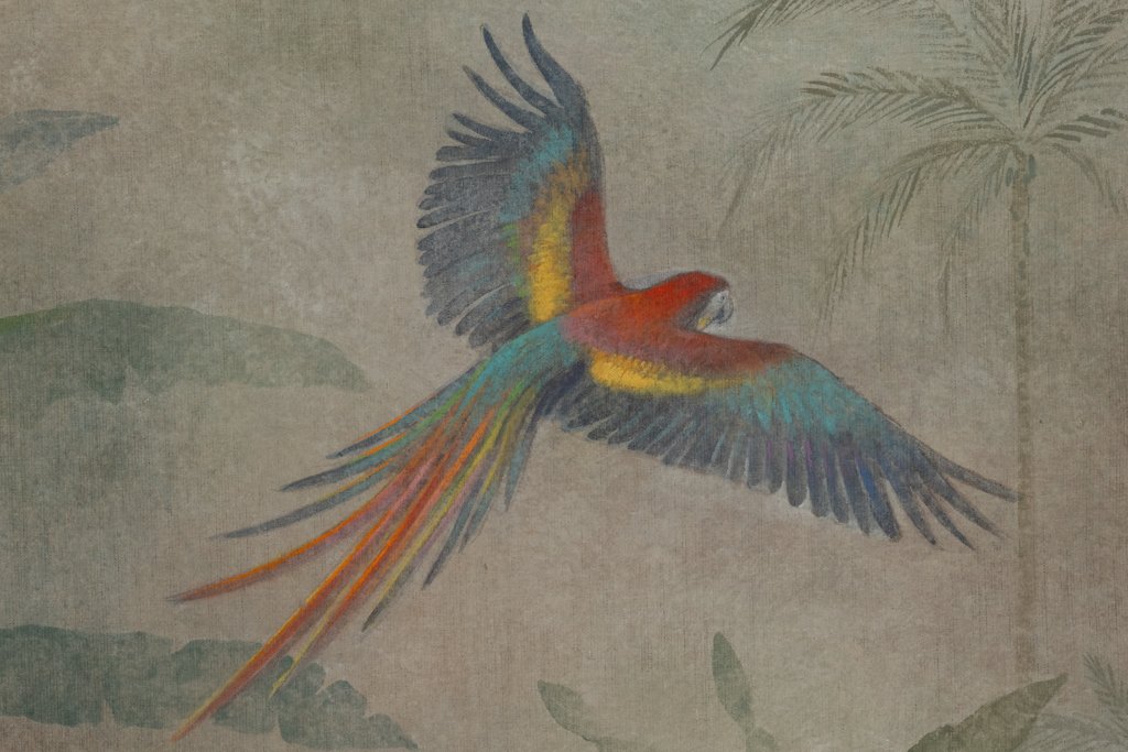 Painted Canvas Depicting Parrots In A Tropical Forest. Contemporary.-photo-3