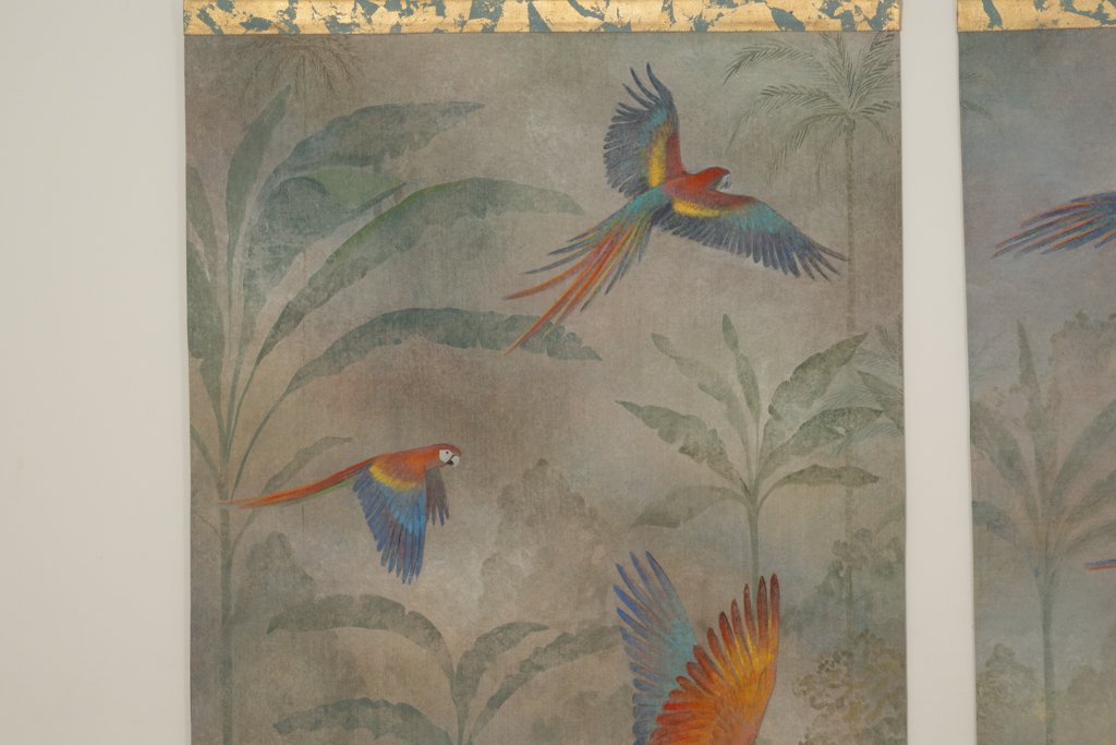 Painted Canvas Depicting Parrots In A Tropical Forest. Contemporary.-photo-1