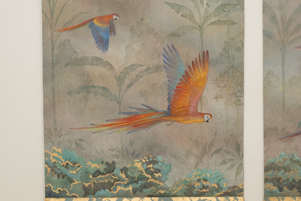 Painted Canvas Depicting Parrots In A Tropical Forest. Contemporary.-photo-3