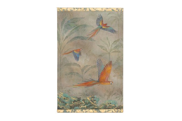 Painted Canvas Depicting Parrots In A Tropical Forest. Contemporary.