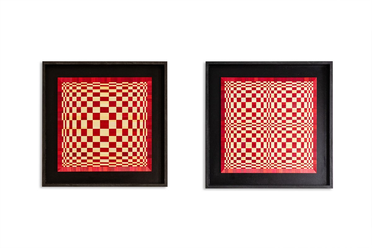 Pair Of Panels In Red And Gold Straw Marquetry. Contemporary. Ls6823814/2