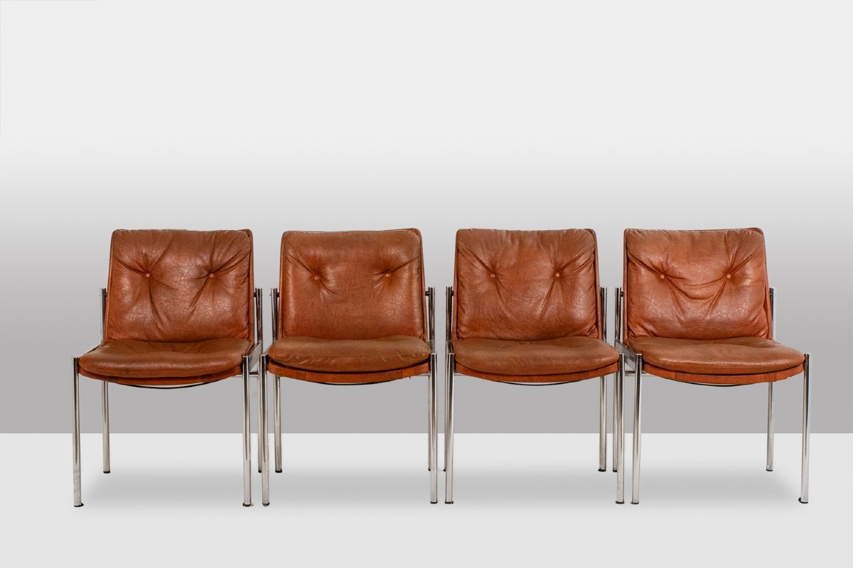 Série de 6 chaises en cuir et métal chromé, années 1970 LS5184907B-photo-2