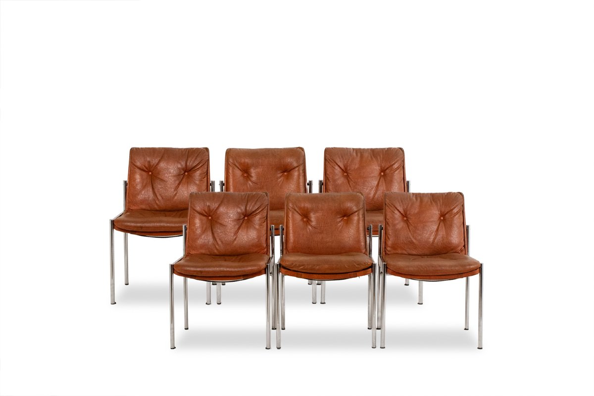 Série de 6 chaises en cuir et métal chromé, années 1970 LS5184907B