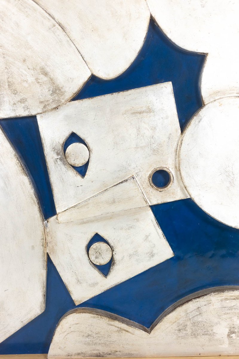 Silver-toned Bas-relief Panel Titled “the Acrobat” On A Blue Background. Contemporary. Ls681030-photo-3