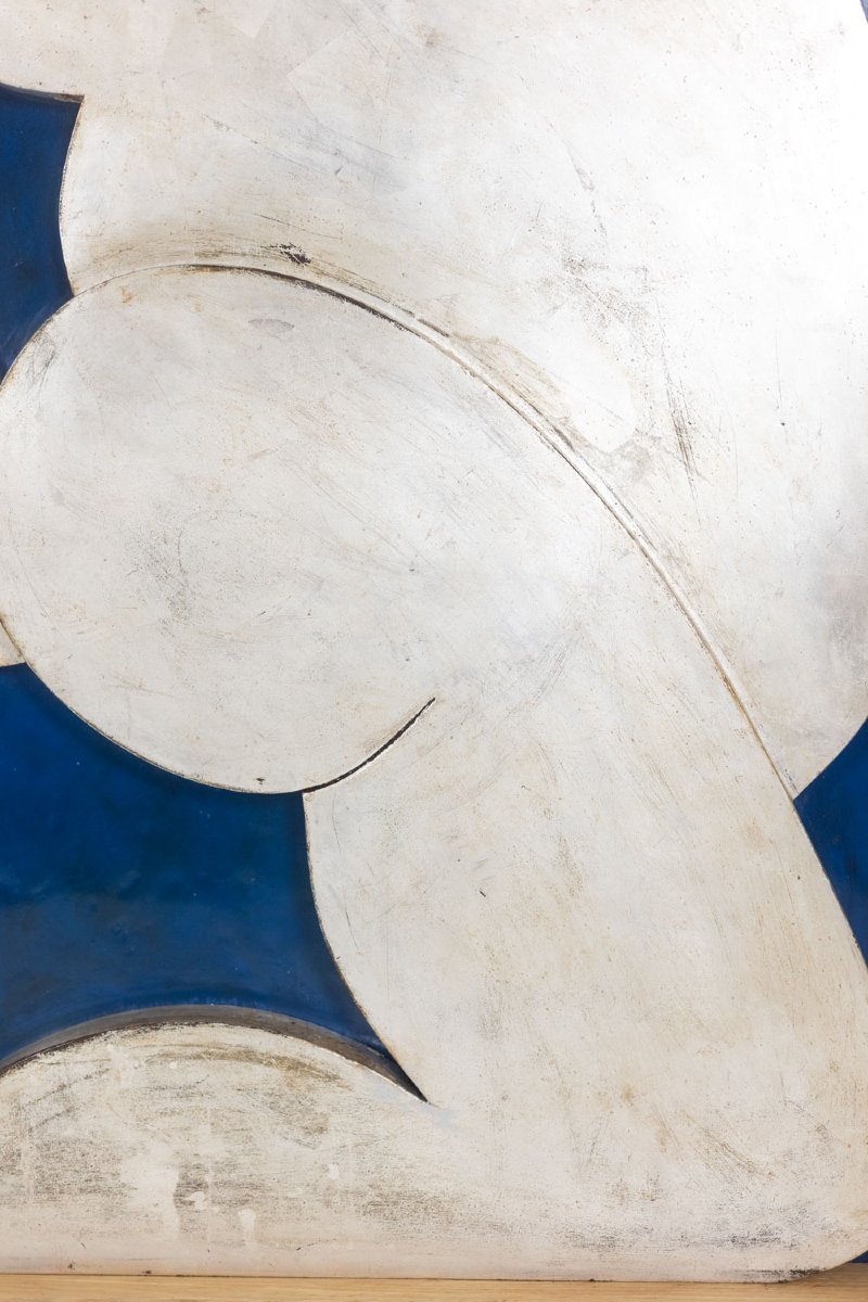 Silver-toned Bas-relief Panel Titled “the Acrobat” On A Blue Background. Contemporary. Ls681030-photo-4