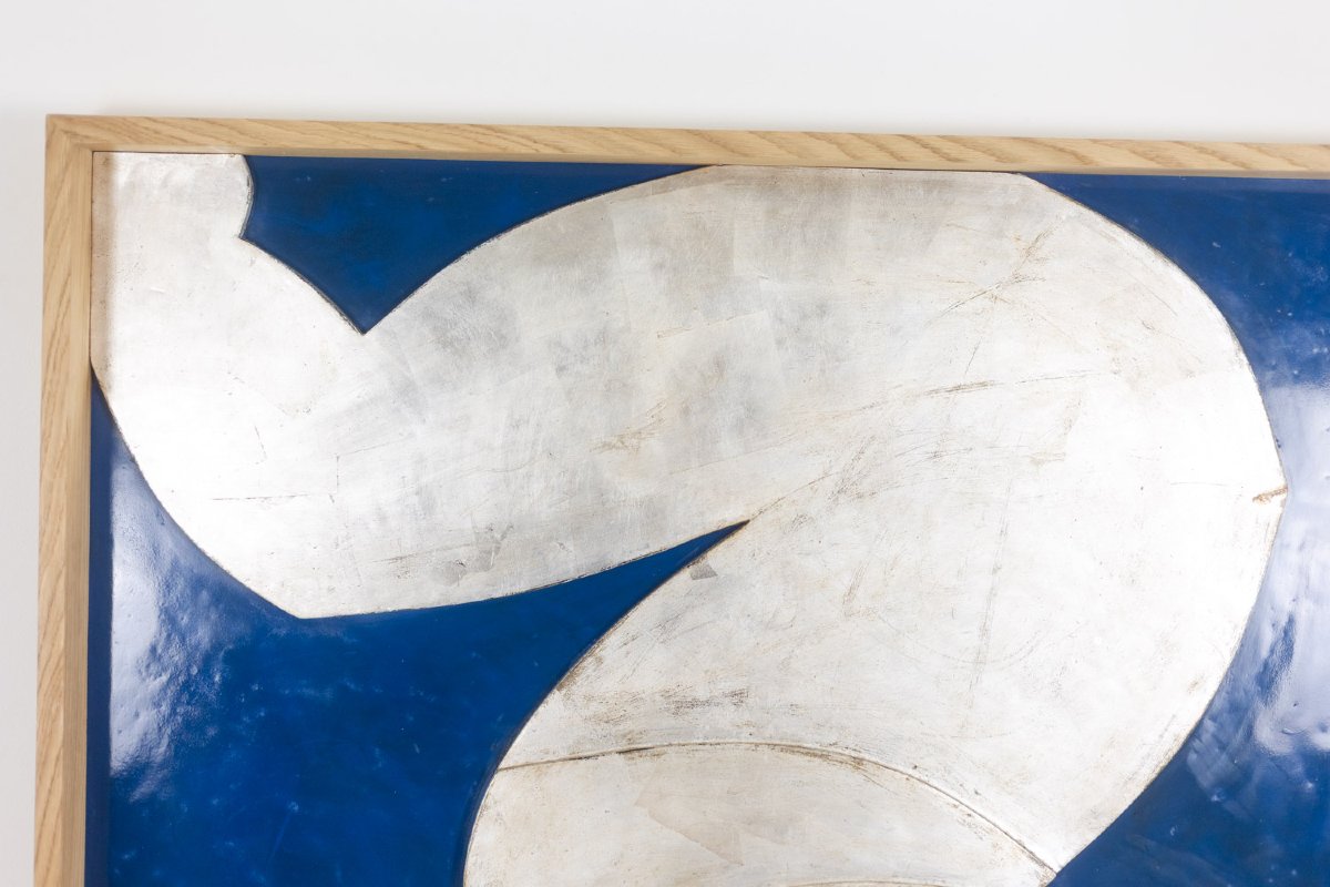 Silver-toned Bas-relief Panel Titled “the Acrobat” On A Blue Background. Contemporary. Ls681030-photo-1