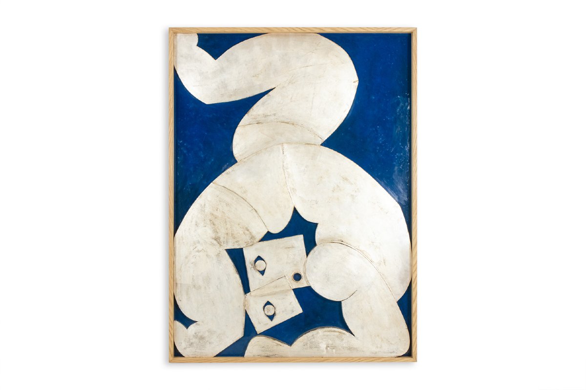 Silver-toned Bas-relief Panel Titled “the Acrobat” On A Blue Background. Contemporary. Ls681030