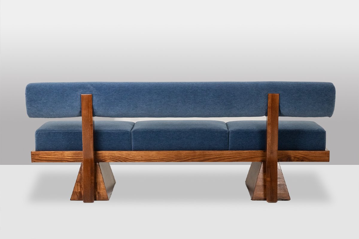 3-seater Sofa In Light Ash Wood And Blue Mohair Velvet. Contemporary Ls6822a1609k-photo-4